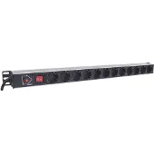 Intellinet 12-fach Steckdosenleiste, Schutzkontakt, vertikale Rackmontage, Überlastschalter, Netzschalter, 1,6 m Stromkabel, 1U, Horizontal, Aluminium, Schwarz, 12 AC-Ausgänge, Typ F