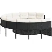 vidaXL Gartensofa mit Tisch und Kissen Rund Schwarz Poly-Rattan