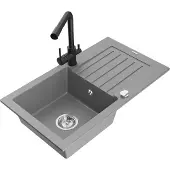 Mexen Pablo 1 Becken-Granitspüle mit Abtropffläche und Mischbatterie Duero, Grau - 6510-71-671600-70