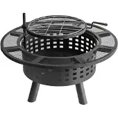 Relaxdays Feuerschale, Ø 91,5 cm, verstellbarer Grillrost, Deckel & Schürhaken, Feuerstelle Garten, Feuerkorb, schwarz