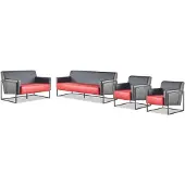 AEA Komplett-Set 3-Sitzer Sessel Schwarz Rot Sofa-Set Leder Edelstahl Holz