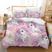 Merkloos Omgoods – Einhorn-Bettwäsche-Set für Kinder – Rosa, 3D-Cartoon-Motiv mit Blumenprint