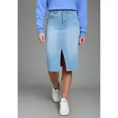 Kangaroos Jeansrock , Damen, Gr. 38, blau (bleached), Denim/Jeans, Obermaterial: 98% Baumwolle, 2% Elasthan, unifarben, Basic, figurbetont ca. Mitte Wade, Röcke Jeansrock, in Midilänge mit Schlitz