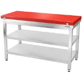 GOLDINOX Arbeitstisch aus Edelstahl, 1600 x 700 mm, mit roter Schneideplatte und 2 PREMIUM-Ablagen -