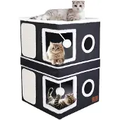 Sonstiges Faltbares Katzenhaus 2-stöckig mit Kratzbrett und Spielball Dunkelgrau 41x41x63 cm