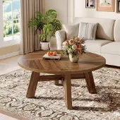 Tribesigns Runder Couchtisch 100 cm Walnuss Wohnzimmertisch mit Kreuzstrebe