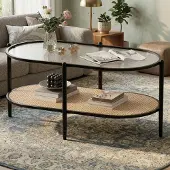 Sonstiges Couchtisch oval Glas & Rattan 2 Ebenen Metallgestell Schwarz
