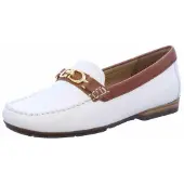 Wirth Damen Leder Slipper, weiß mit braunen Akzenten, flacher Absatz, flexible Gummilaufsohle