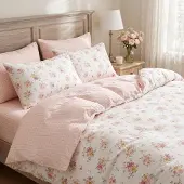 Sonstiges Bettwäsche-Set 200x200 cm 3-teilig Cremeweiß Rosa Mikrofaser Blumenmuster Wendbar