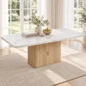 Ninkear Ausziehbarer Esstisch 150/200x90cm, 6-8 Personen, Stauraum, Marmor+Eiche (White)