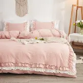 Markenlos Bettwäsche Set mit Rüschen - Rosa, 220 x 240 cm, 3-teilig