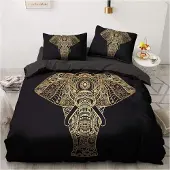 Sonstiges Bettwäsche-Set 200x220cm Schwarz Gold Elefant Indisch Bohemien Mikrofaser 2 Kissenbezüge 80x80cm