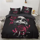 Sonstiges Bettwäsche Set Totenkopf Rosen 135x200 cm 2-teilig Mikrofaser mit Reißverschluss
