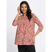 Sieh an! Longshirt "Longshirt", Damen, Gr. 38, rot (papaya, schwarz, bedruckt), 100% Baumwolle, gemustert, mehrfarbig, Rundhals, Shirts Longshirt