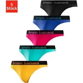 Bruno Banani String , Herren, Gr. S, 5 Stk., bunt (blau, pink, mint, gelb, schwarz), Jersey, Obermaterial: 95% Baumwolle, 5% Elasthan, unifarben, körpernah, Unterhosen String, mit Streifen Logo Webbund