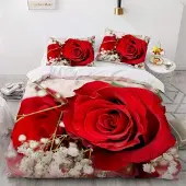 Sonstiges Bettwäsche-Set 4-teilig Rot Rosenmuster 135x200cm + 2x 80x80cm Microfaser