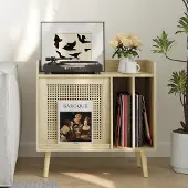 Merkloos Schallplattenregal Plattenständer Vinylhalter - Rattantüren - Geschlossener Stauraum - Massivholzbeine - Asymmetrisches Design