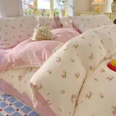 Sonstiges Bettwäsche-Set 200x220cm 3tlg Cremeweiß Rosa Tulpen Mikrofaser