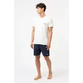 FILA Shorty , Herren, Gr. M, gardenia, navy, Single Jersey, Obermaterial: 100% Baumwolle, bequem kurz, Rundhals, Homewear-Sets Shorty, mit Rundhalsausschnitt, Kurzarm, Cotton