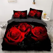 Sonstiges Bettwäsche-Set 155x220cm Rot Blumenmuster Microfaser mit Reißverschluss 2 Kissenbezüge 80x80cm