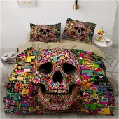 Sonstiges Bettwäsche-Set Totenkopf 3D Bunt 4-teilig 135x200 cm Mikrofaser mit Reißverschluss
