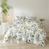 Sonstiges Bettwäsche-Set 200x200cm Blumen Grün Weiß Microfaser 3-teilig mit 2 Kissenbezügen 80x80cm