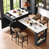 Sonstiges Ausziehbarer Bartisch mit Stauraum 133-202x70x93,5 cm Marmoroptik Schwarzweiß