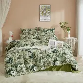 Sonstiges Bettwäsche-Set 135x200cm 4-teilig Baumwolle Grün Weiß Blumenmuster