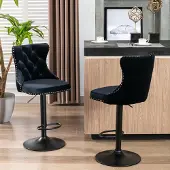 Kein Hersteller 2er Set drehbare Samt-Barhocker, höhenverstellbar, modern, gepolstert, schwarz.