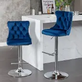 Kein Hersteller 2er Set drehbare Samt-Barhocker, höhenverstellbar, Chromfuß, gepolstert, blau.