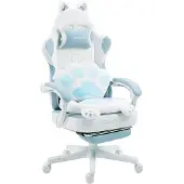 Dowinx Gaming-Stuhl ergonomisch, Fußstütze, Stoff, verstellbar, Katzenpfoten-Design Blau-Weiß