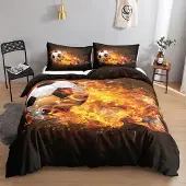 HOSIMA Fußball-Bettwäsche-Set für Kinder, Flammen-Fußball-Druck, 2-teilig, 135x200cm, 80x80cm