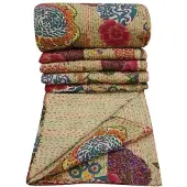 Merkloos Beige Kantha-Decke mit Blumenmuster, 100% Baumwolle