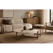 AEA Couchtisch Set Beige Holz Edelstahl Modern Rund Einfarbig Wohnzimmertisch