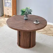 Ninkear Runder Esstisch, Holzoptik, 115cm, Säulenfuß mit Schrank (Walnut)