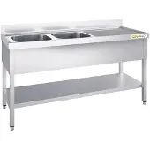 GOLDINOX Edelstahl-Spüle, 1800 x 600 mm, mit 2 Becken auf der linken Seite und Abtropfbereich auf der rechten Seite, –