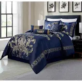 OEM 7-tlg. Jacquard-Bettwäsche-Set, Oversized Queen, marineblau/gold, Blumen