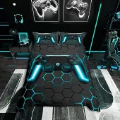 OEM Gamer Bettwäsche-Set Königgröße, Wabenmuster, Gamepad, Blau