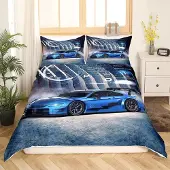Homewish Bettwäsche Set Rennwagen 220x240 cm Blau 2-teilig Mikrofaser