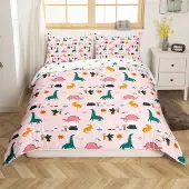 Loussiesd Bettwäsche Set 200x200cm Rosa Kinder Dinos 2 Kissenbezüge 80x80cm Mikrofaser