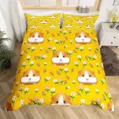 Loussiesd Bettwäsche Set Meerschweinchen 200x200cm Blumen Botanik Gelb Mehrfarbig 2 Kissenbezüge