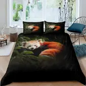 Loussiesd Bettwäsche-Set 220x240cm Rot Panda Baum Grün Blätter 3D Wildtiere Kinder Microfaser