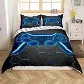 Loussiesd Bettwäsche-Set 155x220cm Jugendliche Gaming Blau Schwarz Geometrisch Gamepad Controller 1 Kissenbezug