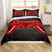 Loussiesd Bettwäsche-Set 155x220cm Rot Schwarz Gamepad Geometrisch Wabenmuster 1 Kissenbezug 80x80cm Mikrofaser