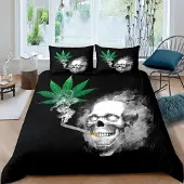 Loussiesd Bettwäsche-Set 155x220cm mit Kissenbezug 80x80cm, Microfaser, Gothic Schädel Cannabis Design