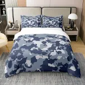 Loussiesd Bettwäsche-Set Camouflage Military Style Blau 155x220cm 100% Baumwolle mit Reißverschluss