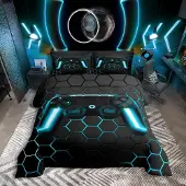 Homewish Bettwäsche Set 135x200 cm 2-teilig Mikrofaser für Jungen Gaming Controller Geometrisch