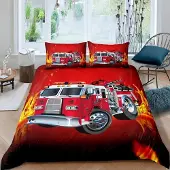 Loussiesd Bettwäsche Set Kinder Feuerwehrmann LKW 155x220cm Rot mit 1 Kissenbezug Mehrfarbig