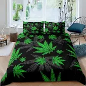 Homewish Bettwäsche Set 200x200 cm Cannabis Blatt Print Schwarz Grau 3-teilig Mikrofaser