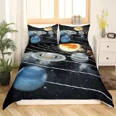 Loussiesd Kinder Bettwäsche Set 135x200cm Sonnensystem Planeten Druck 1 Kissenbezug 80x80cm Polyester